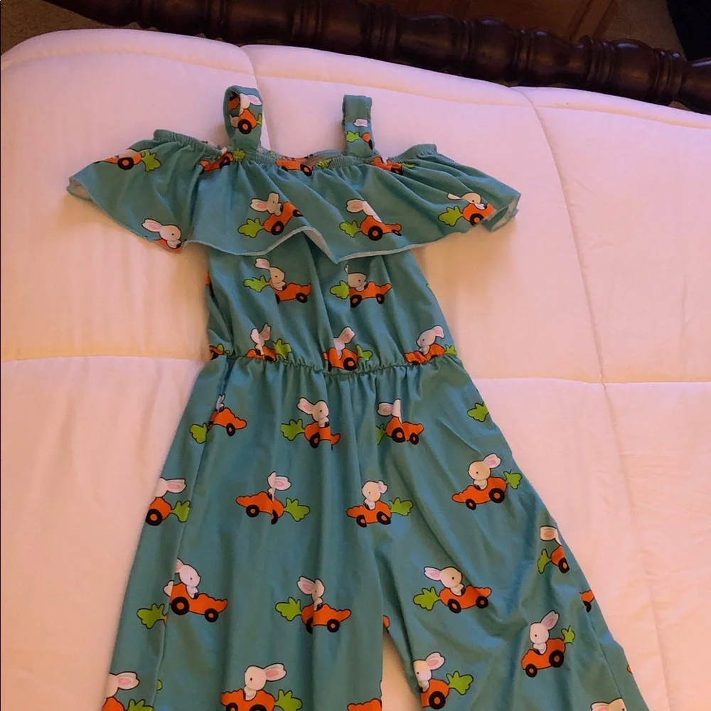 Girls Teal Ruffle-Hem Jumpsuit with Car Print